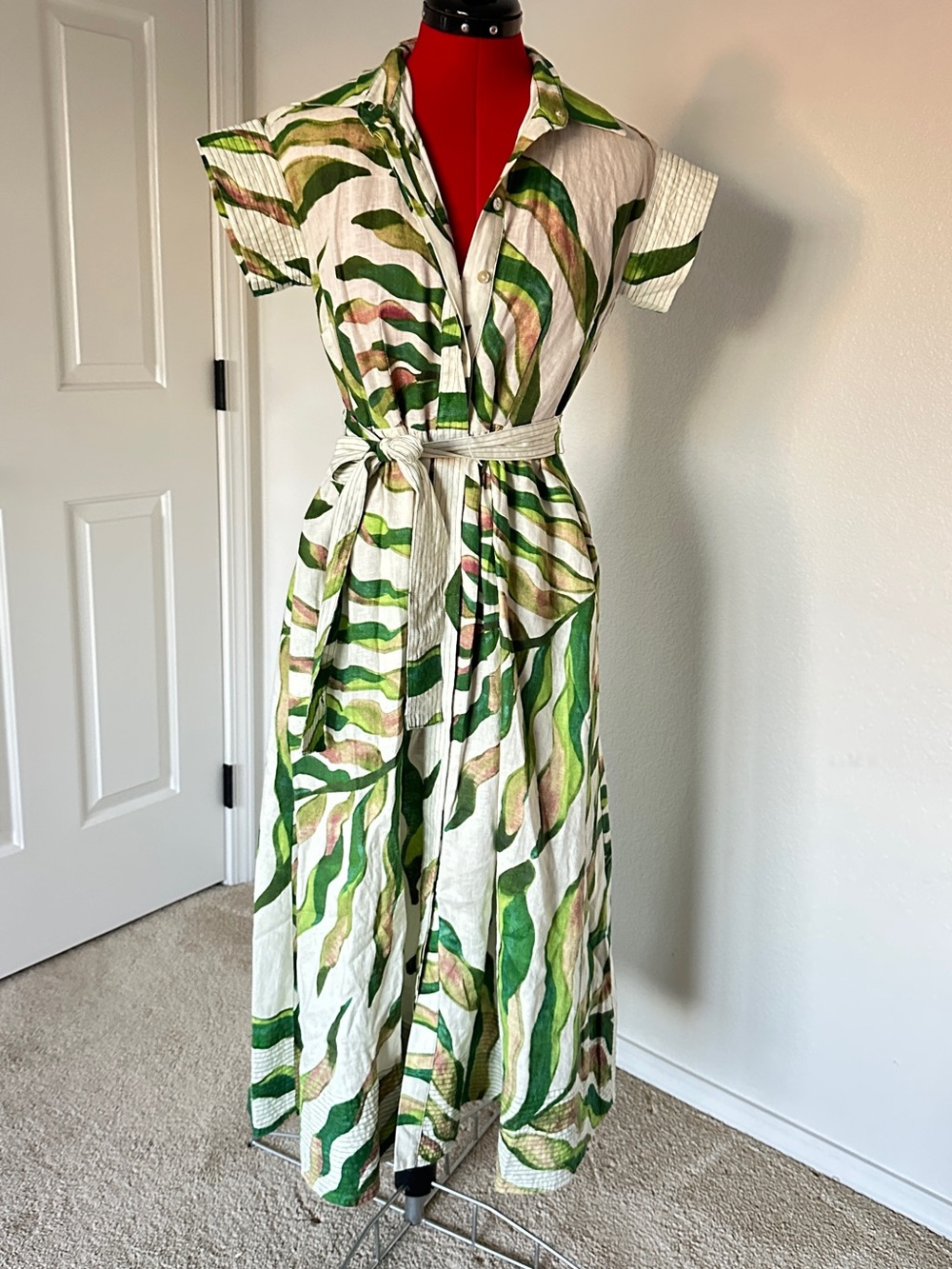 Magasconi bottom down Belted Green Leaf-Print Shirt Dress XS